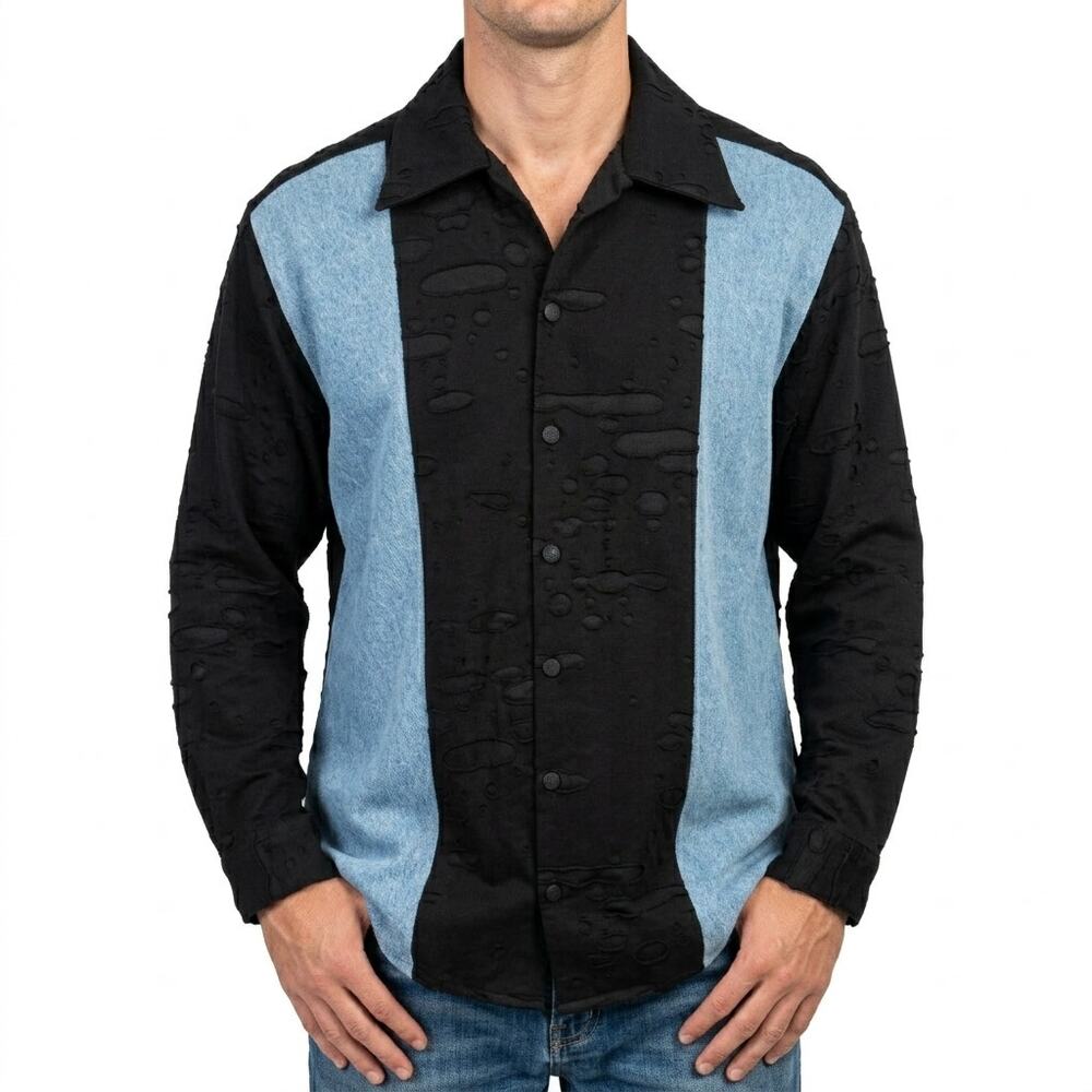James Brumfield Designs Denim Black Textured Blue Button Up Shirt size L Men's